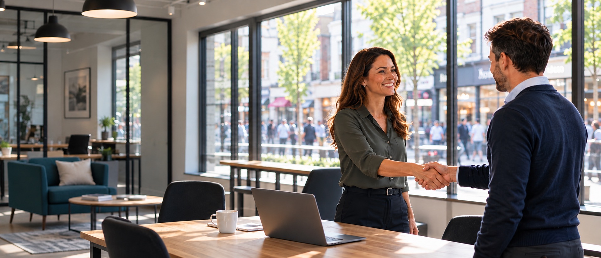 Two smart casual business people shaking hands in a modern office with large windows looking onto a busy high street