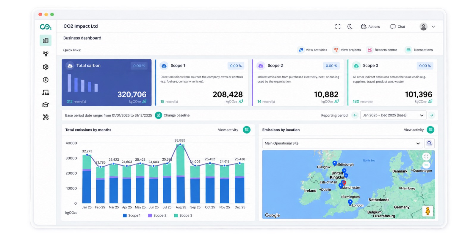 Actual CO2 Impact business emissions dashboard with Scope 1, 2 and 3 summaries, monthly emissions chart and location map