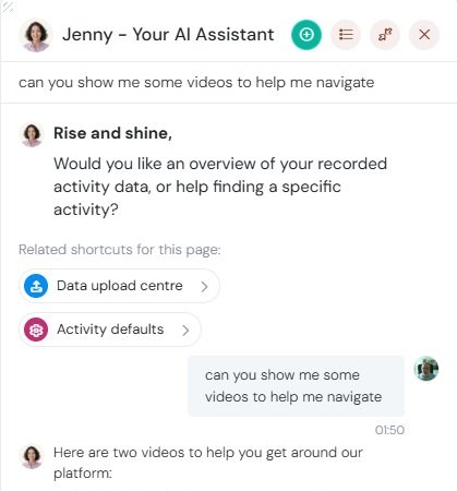 Close-up of the upper portion of Jenny AI assistant chat interface, including questions, suggested shortcuts and responses