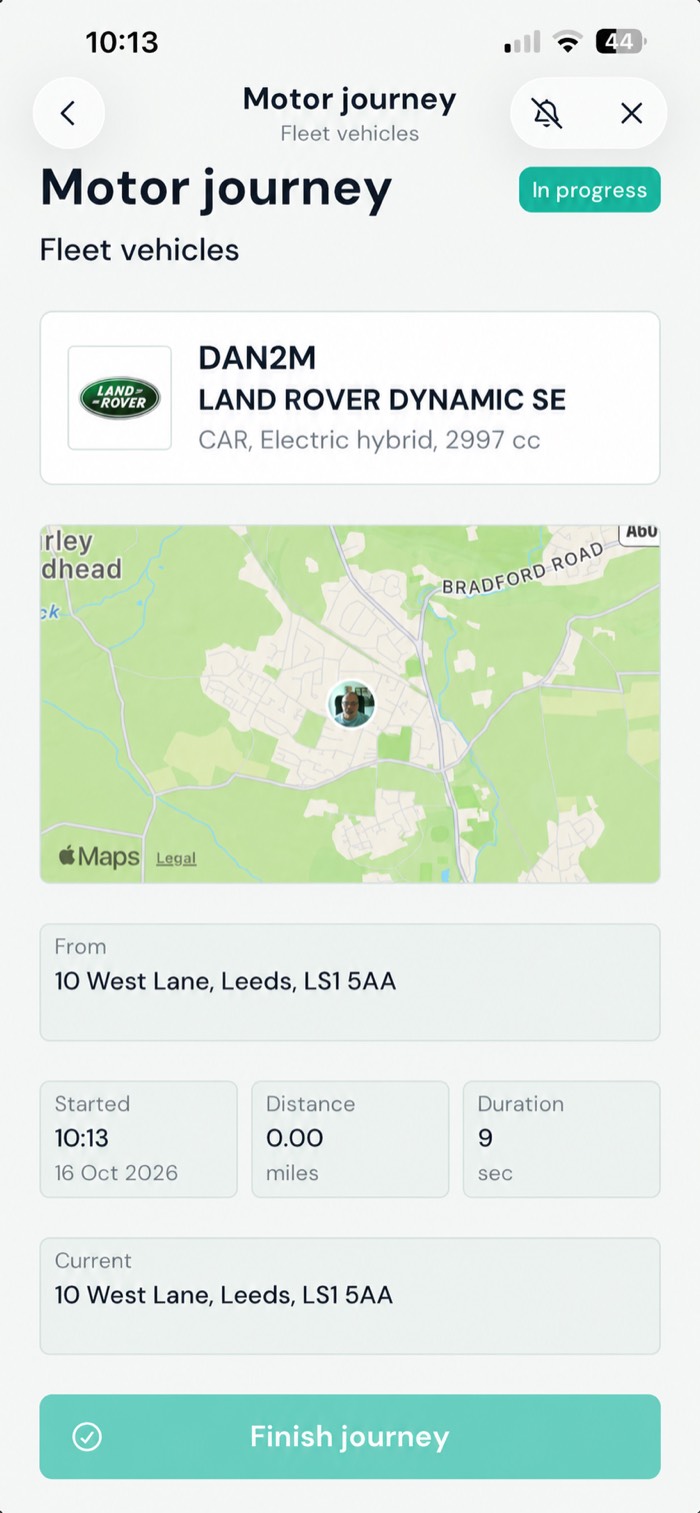 CO2 Impact mobile app motor journey tracking screen